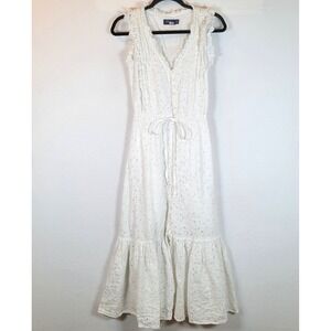 Polo Ralph Lauren Womens Day Linen Eyelet Midi Ruffle Tank Dress Size 0 White